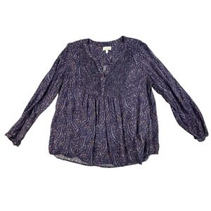 Lucky Brand Peasant Blouse Women's XL Smocked V-Neck Long Sleeve Purple Paisley